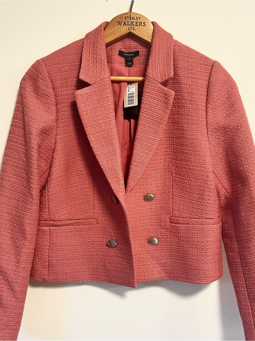 RW&CO. Textured Cropped Double-Breasted Tweed Blazer - Rose Pink